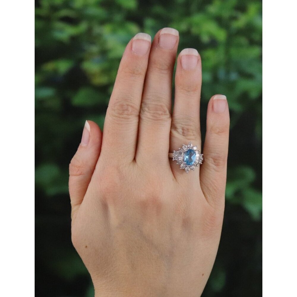 Sterling Silver Natural Blue Topaz and White Topaz Ring Ballerina Ring Size 7 - Picture 2 of 8